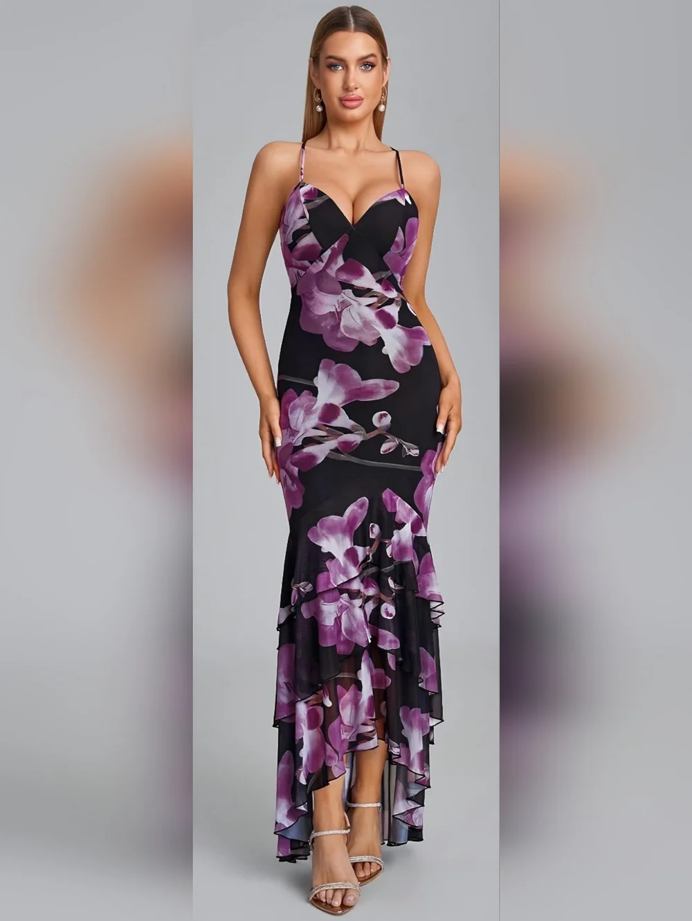 Floral Bodycon Maxi Dress Size L (8–10) V Neck Tie Back Cocktail Formal - Picture 3 of 5